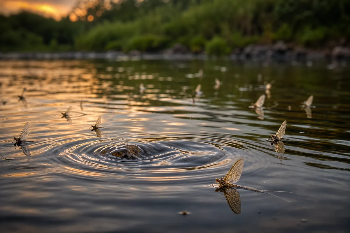 Éphémères posées à la surface de l’eau avec ronds de gobage, lumière du soir